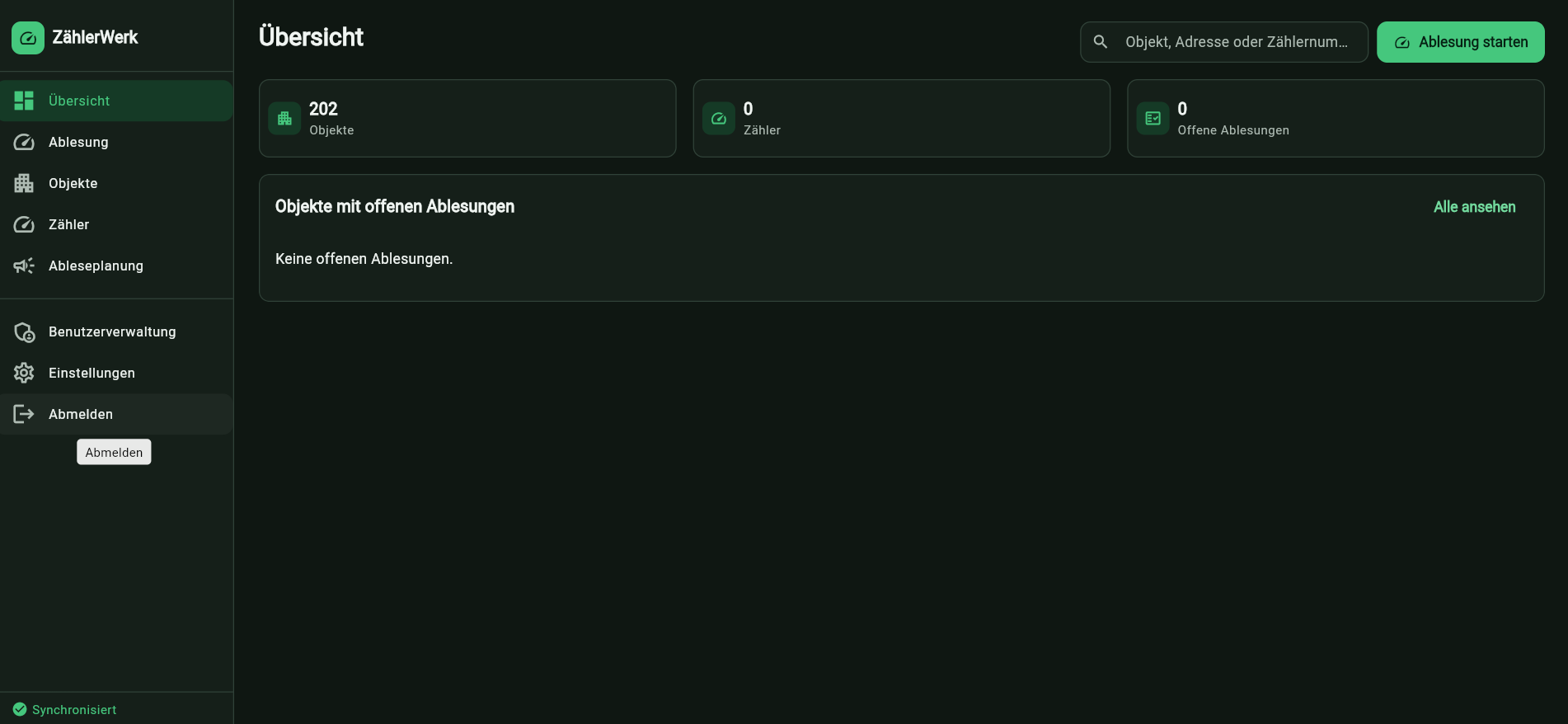 Desktop-Übersicht mit Objekten, Zählern und offenen Ablesungen