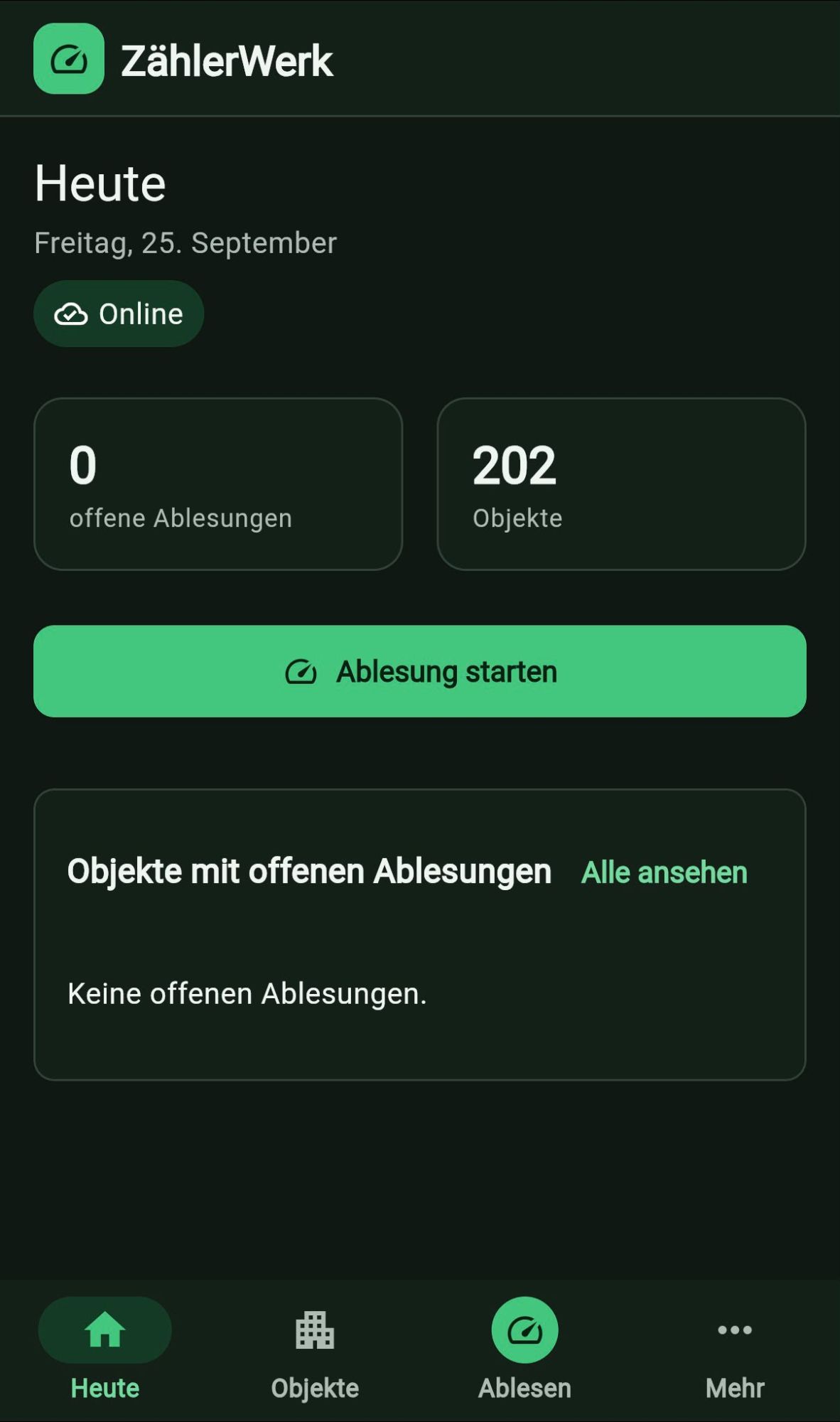 Mobile Heute-Übersicht mit offenen Ablesungen und Objekten